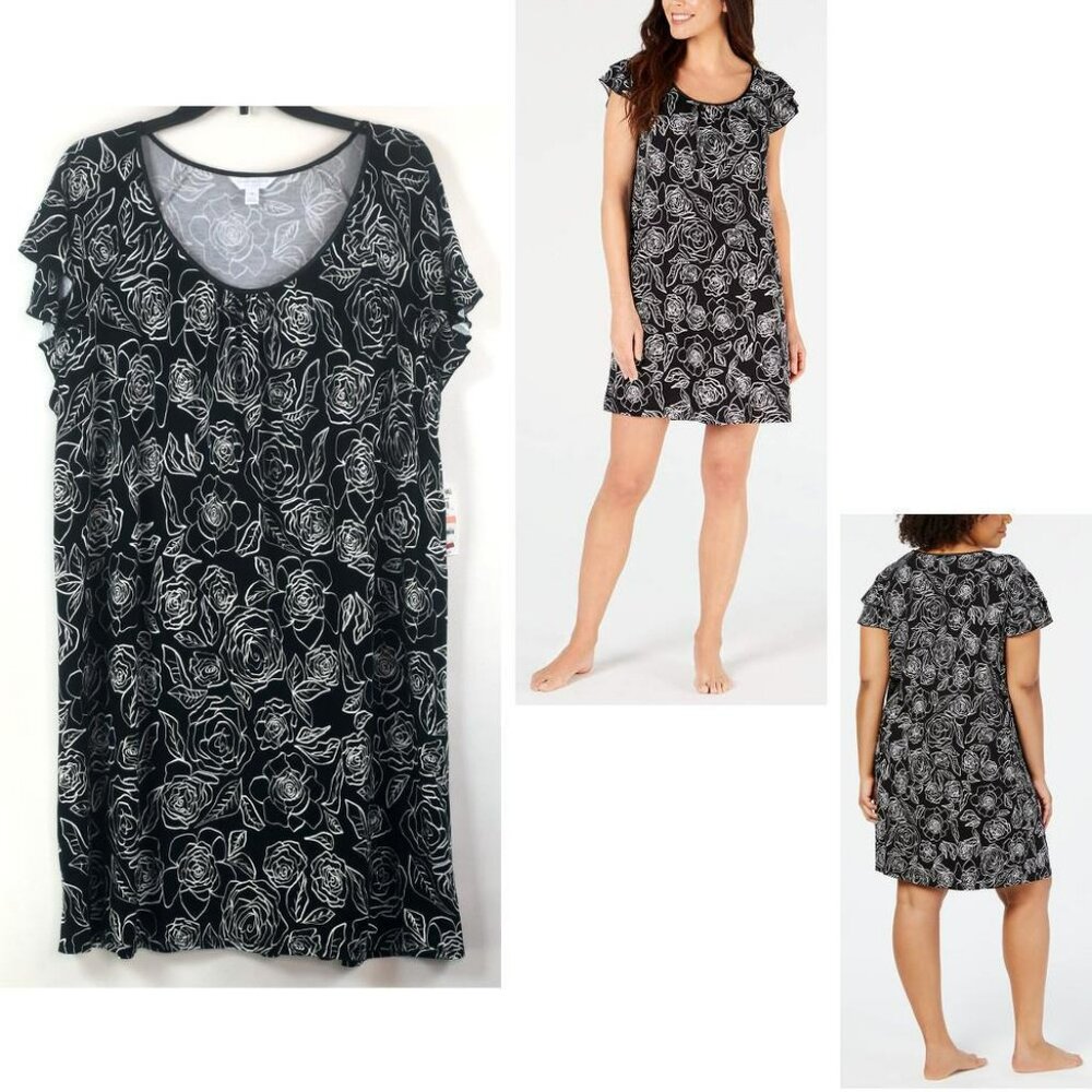 Charter Club Black & White Rose-Print Short-Sleeve Chemise. NWT